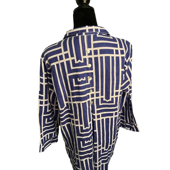 JOHN MARK TOP SIZE L BLUE GEOMETRIC DESIGN 100% LINEN - Picture 3 of 3